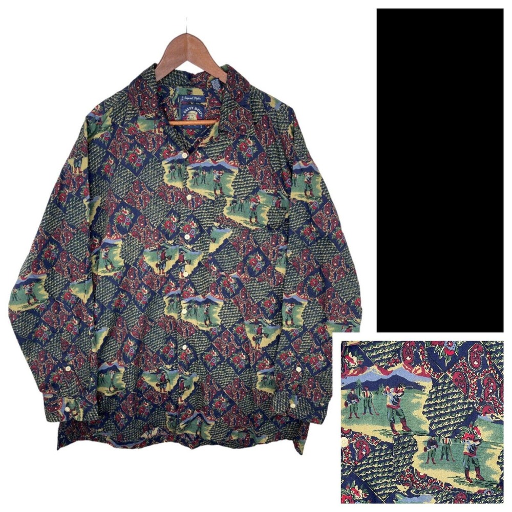 Vintage Salty Dog Gant Blue Golf All Over Print Button Up Sz XL Oversized Camp